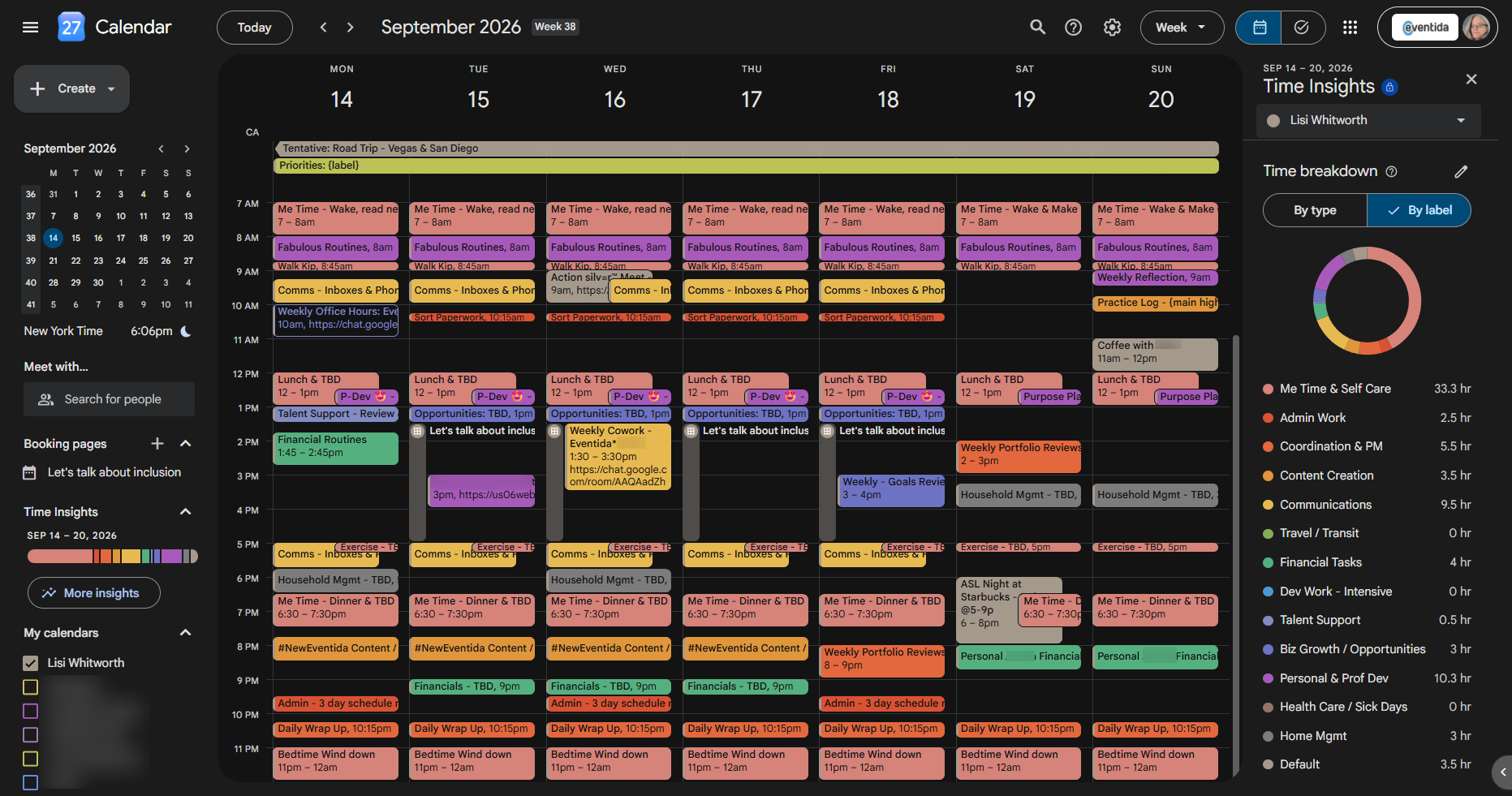 screenshot of a google calendar colour coded to show the tasks allocated during time budget.